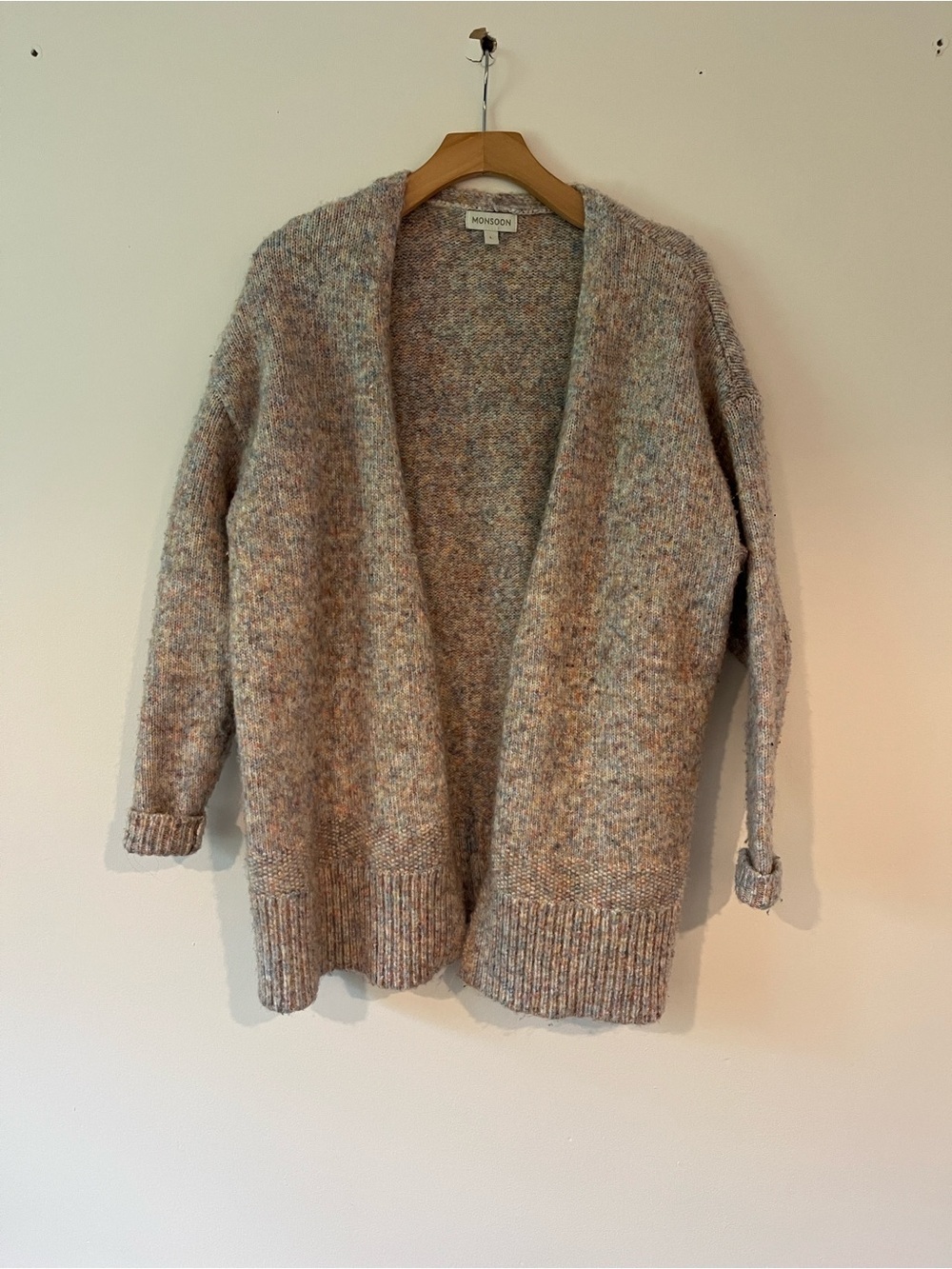 Monsoon Open-Front Cardigan in Heathered Cream and Tan Size L Cottage Core, BOHO